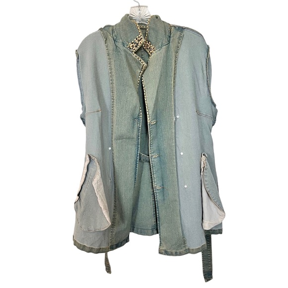 Vintage Kaity Jean Jacket Belted Button Front Bead Lace Sleeve Size Medium - Picture 6 of 16